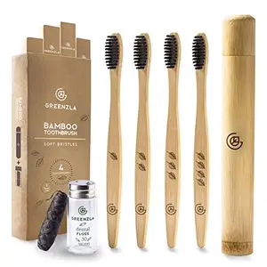 Brosse à dents en bambou (lot de 4) avec étui pour brosse à dents de voyage et fil dentaire au charbon de bois | Ensemble de brosses à dents en bambou écologique naturel pour adultes