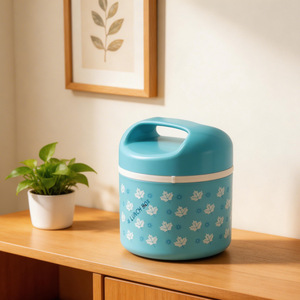 Boîte à lunch cylindrique rose, verte, bleue avec poignée, motif floral, conteneur de repas portable pour étudiants - Product Image 4