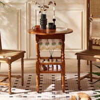 Table basse ronde en bois massif de style rétro français pour salon, petite table de chevet créative avec rideau de perles
