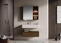 Meuble-lavabo flottant trois pièces en acier inoxydable et bois de noyer, résistant à l'humidité, avec miroir anti-buée, étagère LED et vasque intégrée pour villa