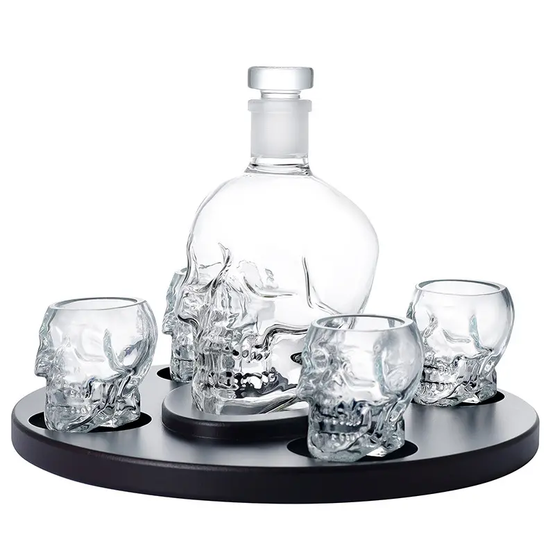 Wholesale Glass Whisky Decanter 800ML Skeleton Whiskey Decanter with 4 Skeleton Glasses Wooden Tray For Wine Whisky Bourbon