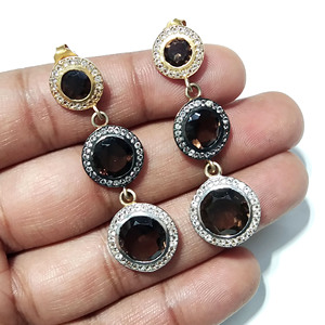 Natural Smoky Quartz & Zircon Hook <b>Drop</b> Earrings Solid 925 Sterling Silver Bohemian Style Handmade Women/Unisex Gift Jewelry - Product Image 5