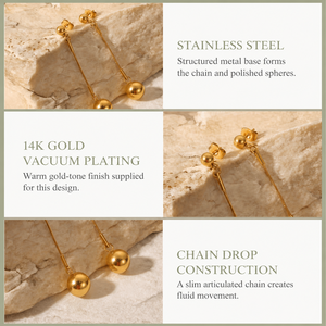 Boucles d'oreilles pendantes à chaîne à billes en acier inoxydable plaqué or 14 carats sous vide, longues boucles d'oreilles pendantes à sphères polies - Product Image 4