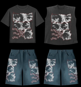 Conjunto de <span class=keywords><strong>Camiseta</strong></span> y Pantalones Cortos de Dos Piezas con Estampado Gráfico Completo en DTG, Estilo Desgastado por el Sol, Lavado Ácido, <span class=keywords><strong>Hombros</strong></span> Caídos, 230 Gsm, Color Negro - Product Image 1