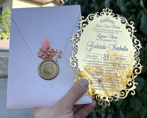 การ์ดเชิญลายกุหลาบเคลือบแวกซ์อะคริลิคกระจกสีทองหรูหราออกแบบได้ตามต้องการ - Product Image 4