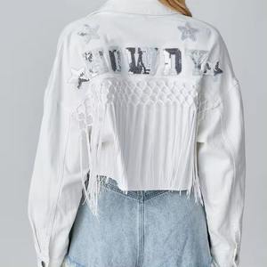Nueva llegada Rosa Blanco recortado borla Denim mujer Howdy Chaqueta corta Jean blanco rasgado chaqueta con flecos - Product Image 4
