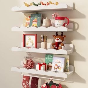 Étagère murale en bois à bords ondulés, 4 niveaux, en pin, étagères flottantes pour chambre d'enfant, support de rangement - Product Image 1