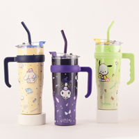 JUNVOY Gobelet de voyage isotherme sous vide en acier inoxydable 40oz pour sublimation, avec poignée, couvercle et paille, motif dessin animé