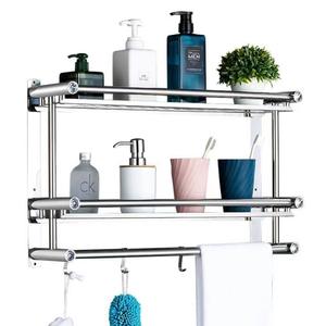 ชั้นวางของในห้องน้ำสแตนเลสชางไนซีแบบติดผนังสองชั้น ราวแขวนผ้าขนหนูแบบหนา ทนทาน ไม่ต้องเจาะ - Product Image 4