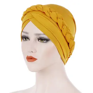 Q514 이슬람 여성 스트레치 브레이드 코튼 터번 모자 스카프 암 Chemo Beanies 모자 Hijab 머리 장식 다른 모자