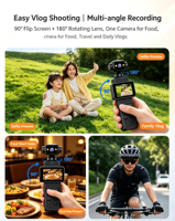 Kamera Aksi Saku Laris Manis, Lensa Putar 270°, Layar Lipat 1,97 inci, Tahan Air IPX6, Cocok untuk Vlog Perjalanan dan Video Pendek
