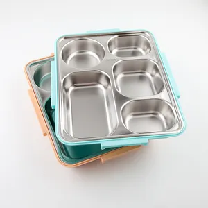 Fabrik Günstige Schule Edelstahl 5 Fach geteilt Fast-Food-Mess Tablett Teller Teller Lunchbox mit Deckel