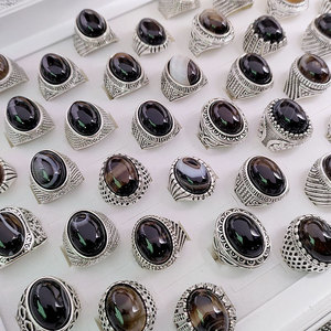 도매 골동품 실버 펑크 스타일 큰 크기 남자의 검은 마노 타원형 돌 청키 블랙 큰 보석 반지 - Product Image 2