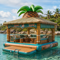 Bar flottant gonflable de style île pour l'extérieur, avec toit en forme d'ananas, coussins de salon et tabourets de bar, idéal pour les sorties familiales sur le lac ou en bord de mer