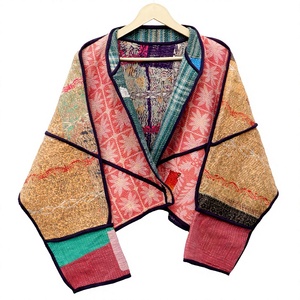 Patchwork Handmade Knitted Cotton <b>Kantha</b> Coat Breathable Eco-friendly Blazer Mandarin Collar Full Sleeve Multi Color Women's - Product Image 1