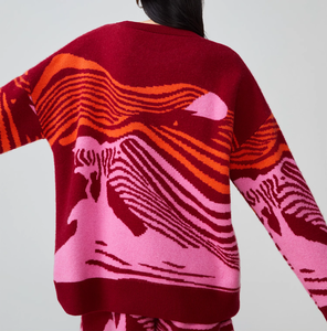 Nuovo Fashion Design ODM & OEM 2025 retrò artistico Jacquard vino rosso vita alta Casual geometrico maglione lavorato a maglia da donna - Product Image 3