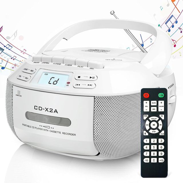 CD Player Boombox Cassette Combo with AM/FM Radio Remote Control Tape Recording LCD Display Home Kids Gift DC Power Source