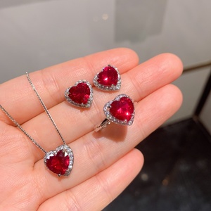 Fashion Eco-friendly Copper 9*9MM Zircon Romantic Necklace and Ear Rings 3PCS <b>Set</b> Red Heart Jewelry <b>Set</b> for Valentine Day Gifts - Product Image 1