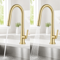 Robinet de cuisine doré brossé en laiton massif, mitigeur d'évier à douchette extractible double jet, rotation à 360°, arceau haut, vente en gros OEM