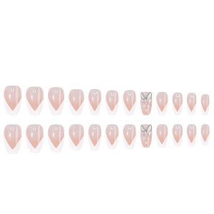 24 Pezzi Unghie Finte Lunghe a Stiletto/Coffin, Nude French, con Strass a Farfalla in Cristallo, Riutilizzabili in ABS - Product Image 3