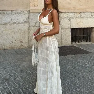 Abito Estivo da Donna con Scollo a V Senza Maniche, Spalline Sottili, Vita Impero, Schiena Scoperta, Patchwork, Lunghezza alla Caviglia, Casual per Feste e Spiaggia - Product Image 5