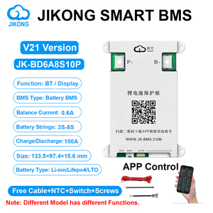 JK BMS V21 สมาร์ท BMS 4S~8S BT RS485 HEAT CAN กระแสไฟ 0.6A กระแสบาลานซ์ 100A สำหรับแบตเตอรี่ Li-ion LiFePo4 Lto รุ่น BD6A8S10P - Product Image 1