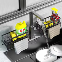 Support d'évier multifonctionnel sans perçage avec bac d'égouttement amovible, porte-éponge d'évier de cuisine avec plateau auto-drainant