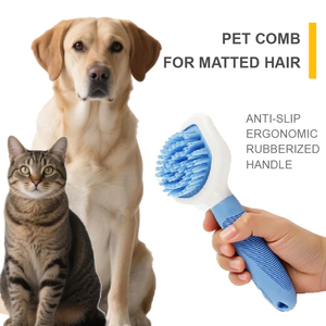 Brosse de toilettage portable pour chat et chien avec poignée ABS+TPR, massage doux au toucher, dents fines, rose et bleu - Product Image 3