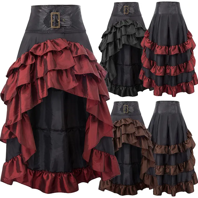 Women Medieval Steampunk Skirts Party Club Wear Retro Vintage Gothic Open Front Ruffled High-Low Punk Skirt