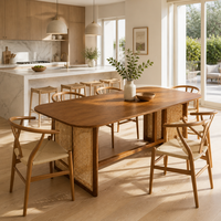 Table de cuisine rectangulaire avec plateau à bords arrondis, panneaux latéraux tissés et base à barre transversale renforcée, mobilier moderne pour la maison