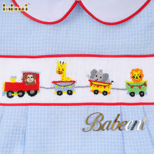 Babeeni Boys Customized Hand Smocked Character Vehicles Red Lines Embroidery Set 100% Cotton Luxury Washable OEKO-<b>TEX</b> Certified - Product Image 4