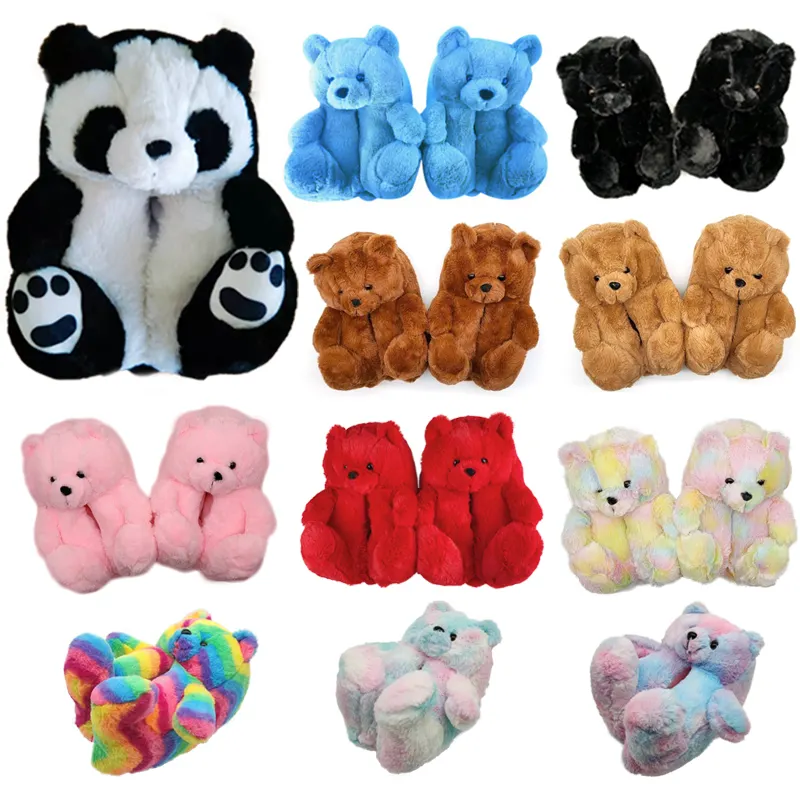 China Hersteller Custom Großhandel Günstige Custom Schöne Plüsch Slipper Rutsch feste Indoor Tier Teddybär Hausschuhe für Kinder