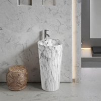 Ensemble de lavabo sur pied monobloc de luxe, aspect marbre blanc Jazz, en céramique haute température intégrée sans joint