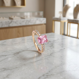 Bague élégante en laiton plaqué or avec zircon rose, pierre de cristal taille émeraude rectangulaire, pour fiançailles et mariage, bijoux pour femmes - Product Image 2