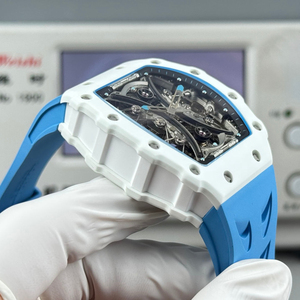 High-quality RM Style White Ceramic Skeleton Tourbillon <b>Watch</b> With Blue <b>Rubber</b> Strap - Product Image 4