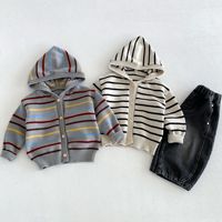 Cardigan à capuche unisexe rayé et coloré à manches longues pour bébé, collection Printemps-Automne