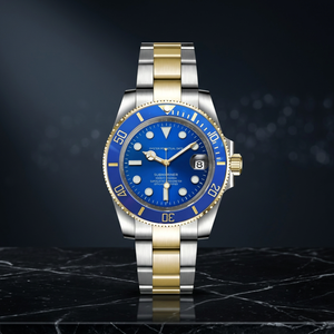 Montre de plongée bicolore argent-or-bleu avec bracelet Jubilee, logo S, mouvement Seiko NH35, acier inoxydable, verre saphir, analogique, étanche 50 bars - Product Image 2