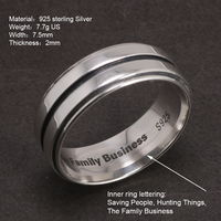 Bague Dean Winchester authentique en argent 925, gravure d'aphorisme de Supernatural : Sauver les gens, chasser les monstres, le travail de la famille.