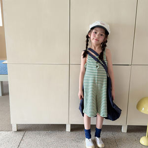 Nuova Collezione Estiva di Abbigliamento per Bambine, Tuta con Bretelle in Cotone Stile Coreano, <span class=keywords><strong>Pantaloni</strong></span> a Vita Alta a Righe e Gamba Larga - Product Image 4