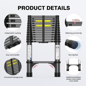 Escalera telescópica de aluminio de alta resistencia de 12.5 pies, capacidad de 330 lb, peldaños antideslizantes, acceso seguro al ático, renovación del techo del hogar - Product Image 4