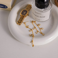 Pendientes de borla con cadena de circonitas de acero inoxidable con baño de oro PVD, aretes de diamante en forma de C, aretes de diamante tipo stud