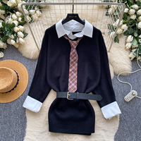 Robe Mini en Maille Effet Deux Pièces Style Preppy Automne 2026 pour Femme, Coupe Slim Moulante, Robe de Bureau avec Ceinture
