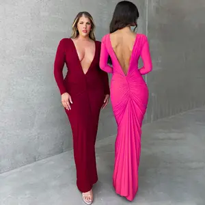 Vrouwen Herfst Kleding 2024 Sexy Jurken Vrouwen Dame Elegante Soild Lange Mouw Party Club Sexy Deep V Maxi Jurk