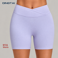 Shorts de cyclisme pour femme à taille croisée et dos en V, taille haute, anti-roulement, tricotés, coupe ajustée, en nylon et élasthanne, évacuant l'humidité