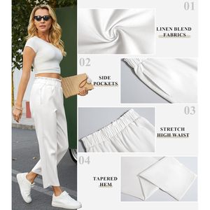 Pantalon décontracté femme FOXA taille haute en lin et coton, coupe fuselée longueur cheville avec poches, respirant, idéal pour les vacances et la détente - Product Image 4