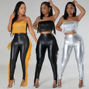 A7347 2024 New Tassels Patchwork Stretchy Leather 2 Piece Set Women Sexy Wrap Chest Tank Tops And Tight Pants Matching Set