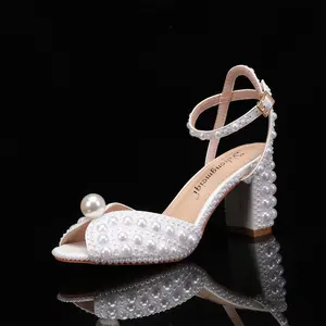 SHIKOL Beige white pearl shoes women sandals 2024 summer fashion thick high heels fish mouth wedding shoes for bride shoes
