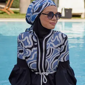 2024 Black Ruffle Muslim Swimwear 3pcs Hijab Long Sleeves Sport Swimsuit Islamic Wear Bathing