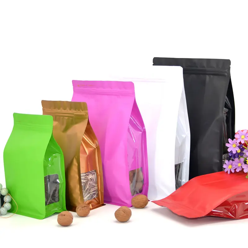 Matte colored eight side sealing mylar pouch with side window Flat Bottom Gusset Zip Lock Aluminum Plating Mylar Pouch