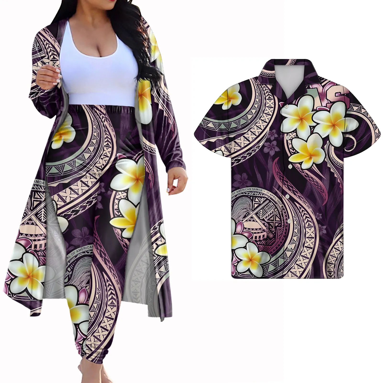 Paar Bijpassende Kleding 2-delige Broek Set Vrouwen Samoa Polynesische Tribale Golf Tattoo Print Outfits Lange Mouwen Open Voorkant